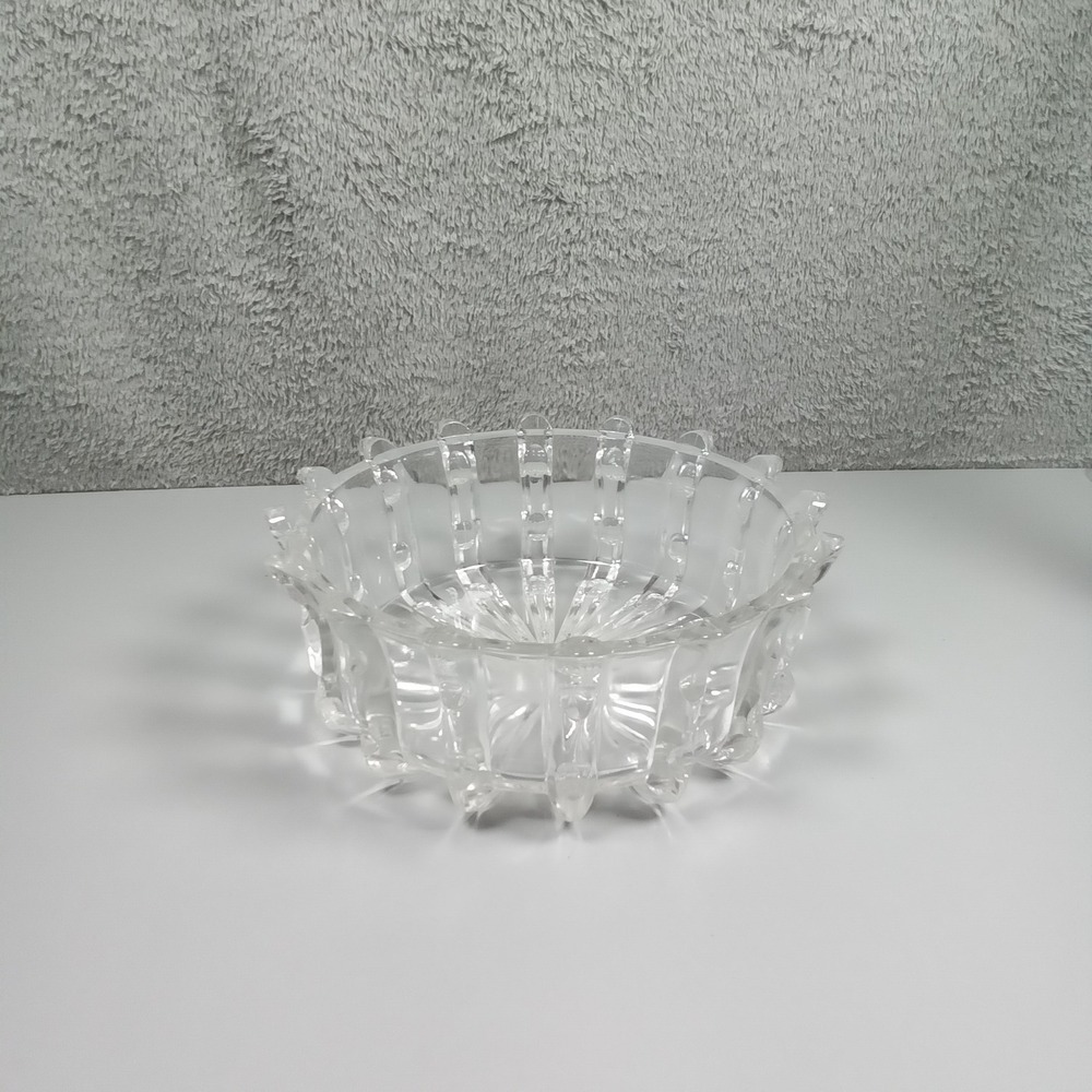Vintage Clear Pressed Glass Sunburst Bowl Geometric Scalloped Rim 8‎ Inch MCM